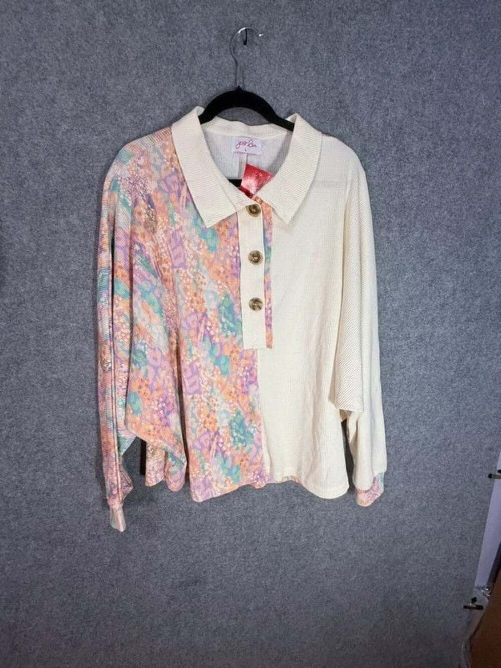 NWT Jess Lea Women's Colorblock Waffle Knit Henley Top Pastel Floral Pullover L